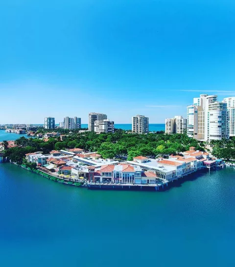 An aerial view of homes along the water with high