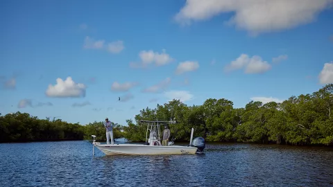 A boat sits in the water with trees in the backgro A boat sits in the water with trees in the backgro
