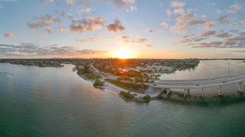 An aerial view of the Judge S.S. Jolley Bridge at