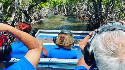 Four adults ride an airboat into the Everglades. Four adults ride an airboat into the Everglades.