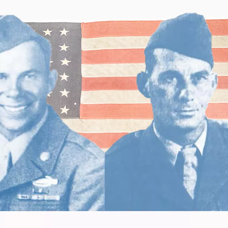 Blue silhouette of a man in uniform over the American flag Photo