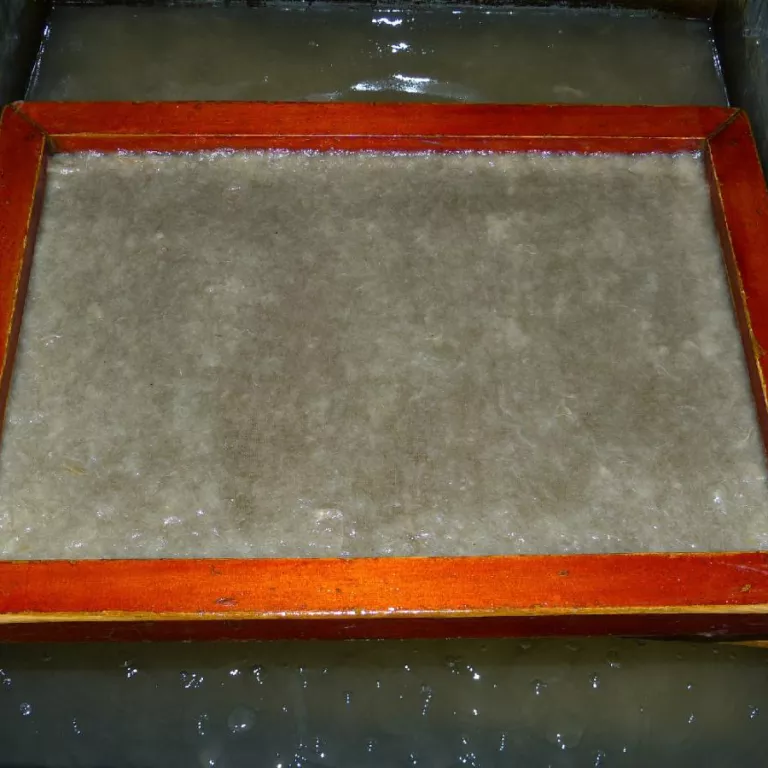 paper making frame framed against paper pulp Photo