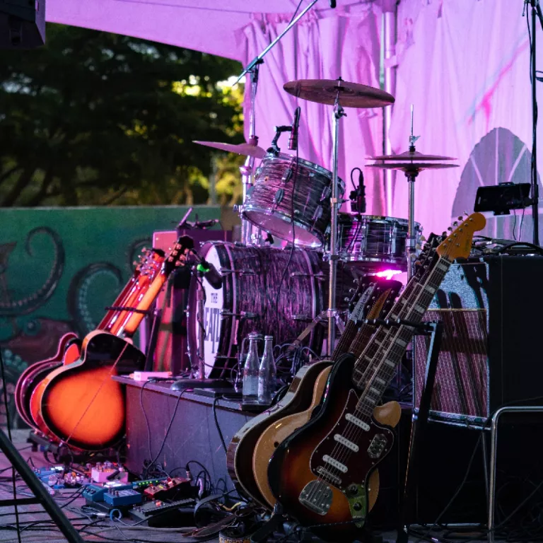 Instruments set up for a monthly concert at Mercato Photo