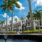 View of a fountain in a downtown shopping area