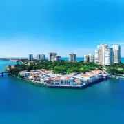 An aerial view of homes along the water with high