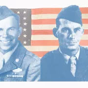 Blue silhouette of a man in uniform over the American flag Photo