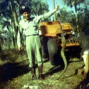 green toned photo of a man holding a large snake Photo