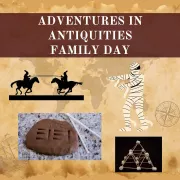 silhouette of two knights, art of a mummy, and photos of cuneiform writing and a marshmallow pyramid Photo