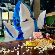individual dressed in shark costume Photo