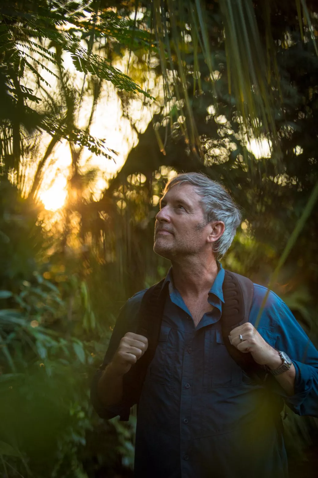 Man hiking at sunset