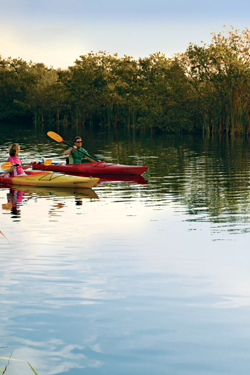 Two kayakers on the water at sunset