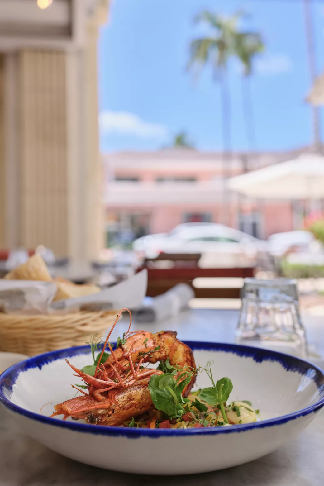 A plate of seafood on a table outside with the city in the background.