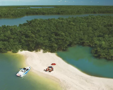 An aerial shot of boaters relaxing on Ten Thousand