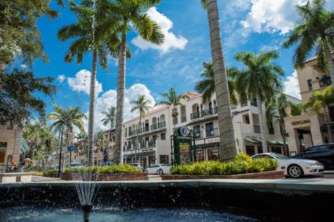 View of a fountain in a downtown shopping area