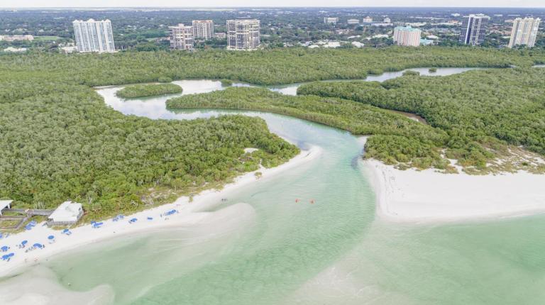Aerial view of Clam Pass Beach Park in Naples Flor