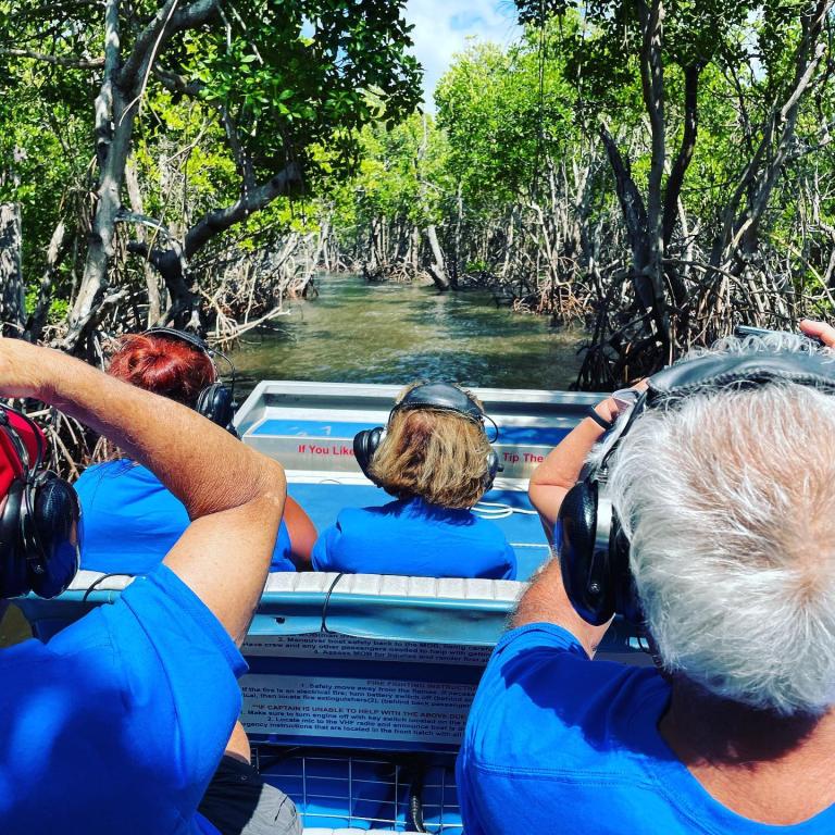 Four adults ride an airboat into the Everglades.